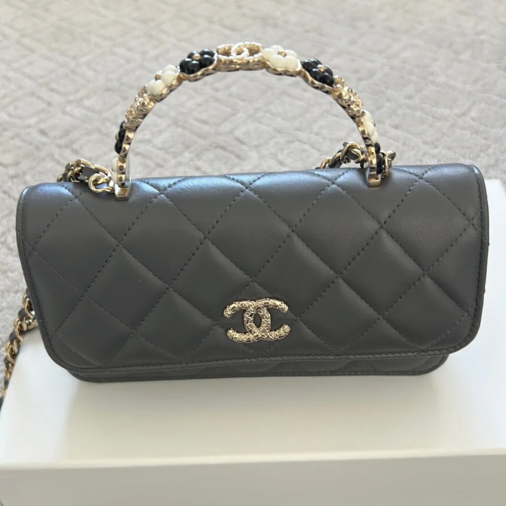 Chanel Grey Flap Phone Holder with Floral Handle and Chain